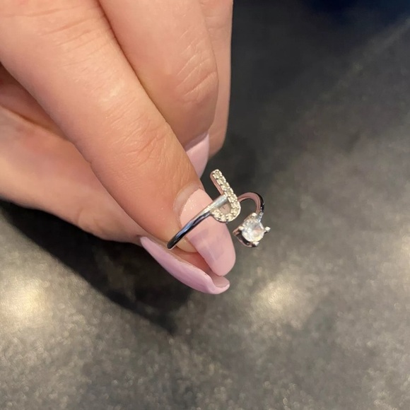 Sterling Silver Adjustable Ring With Letter J Solitaire Stone Sizes 7-10 - Picture 4 of 10